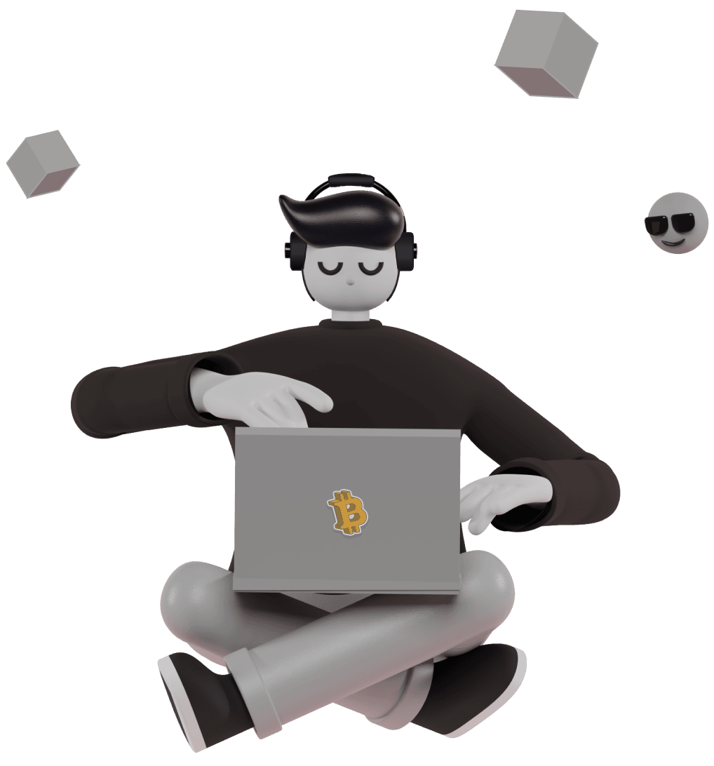 Levitating person with crossed legs and a laptop with a Bitcoin sticker